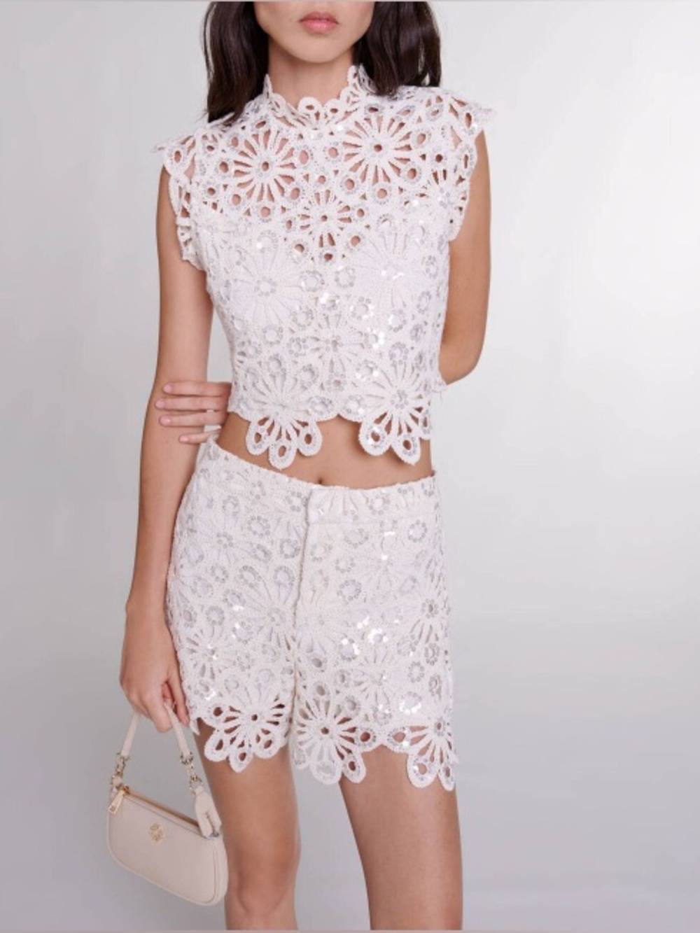 Maje • Cream Crochet Sequin Short Set • 40 • 3
